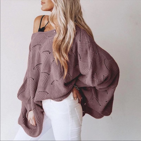 Boho Knit Sweater Scalloped Crochet Oversized - Picture 9 of 11